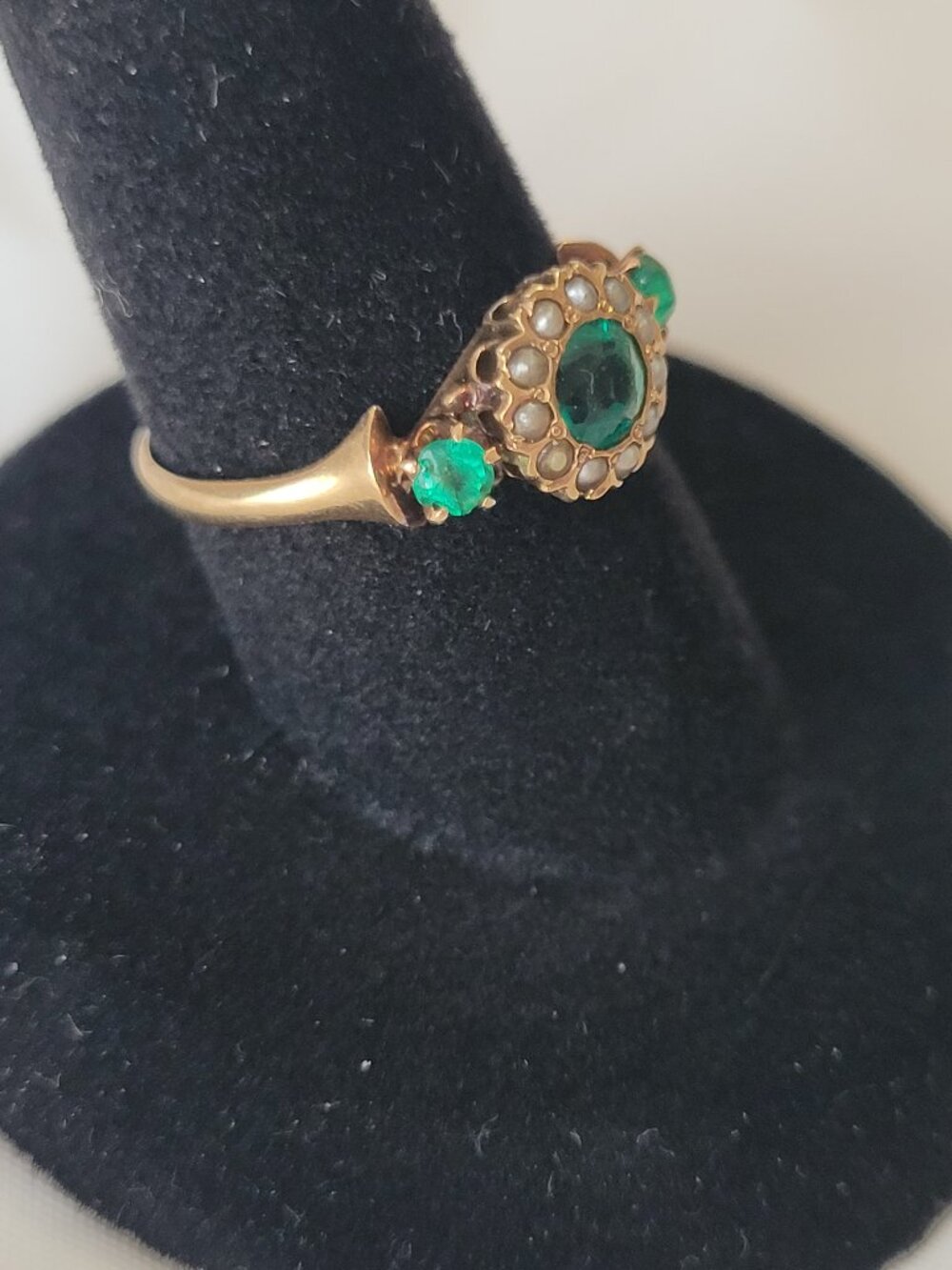 Antique Emerald Green Stones Pearls 10k Gold Victorian Ring May June Birthstones - Picture 11 of 16